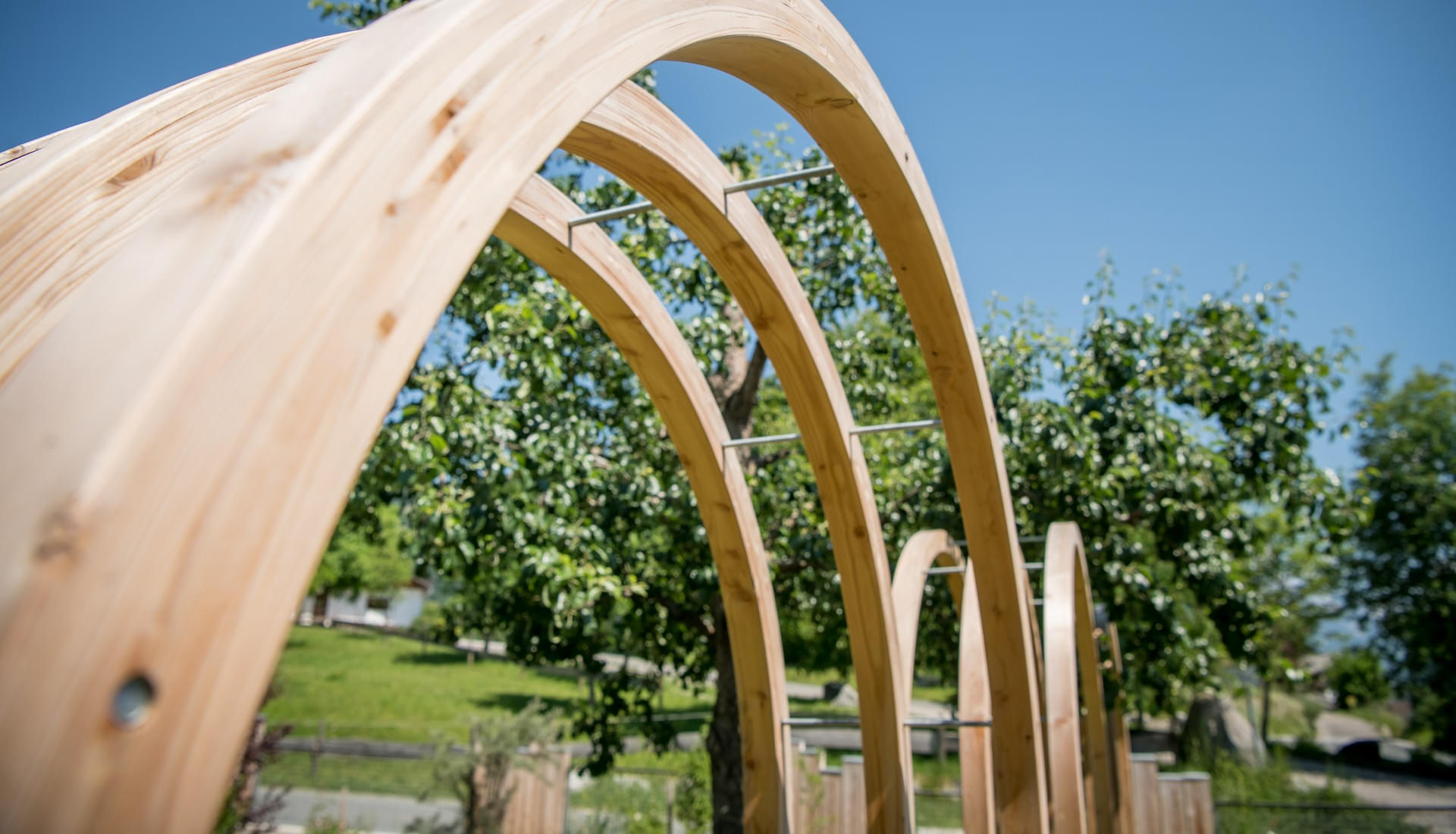 Ein aus Holz gefertigter Bogen in einem Garten an einem sonnigen Tag. 